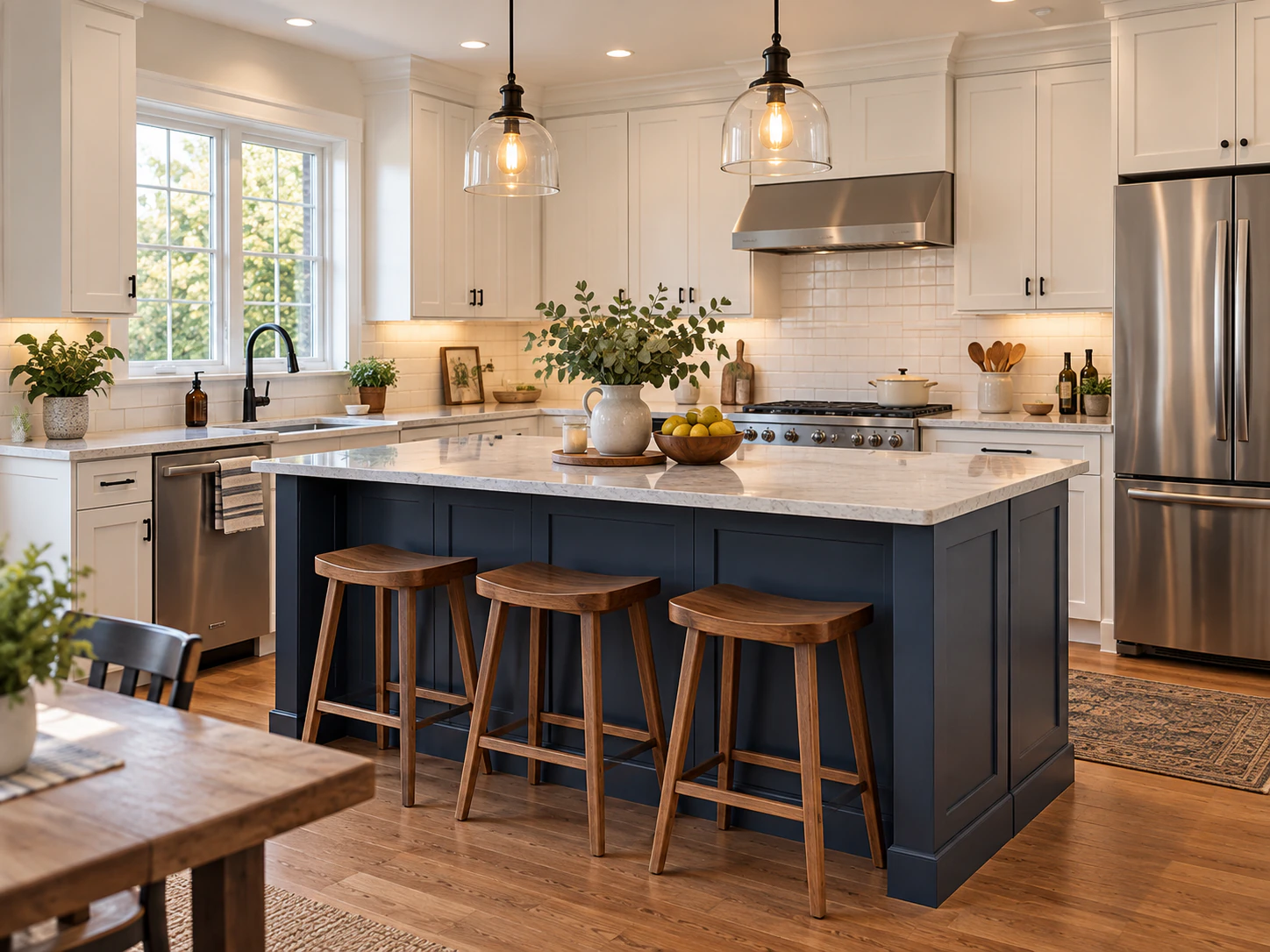 Remodeled kitchen with a navy island